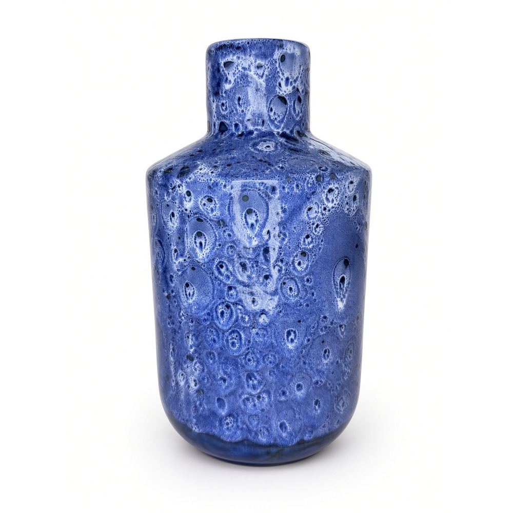 Vintage Faianças Ramos Portugal Blue Crater Glaze Ceramic Bottle Vase 10in Tall